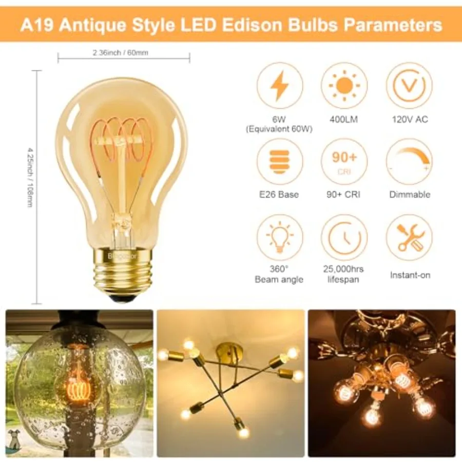A19 Vintage 6W LED Edison Light Bulbs 60 Watt Equivalent, Dimmable E26 LED Bulbs 60 Watt, Decorative Edison Amber Warm Light Bu