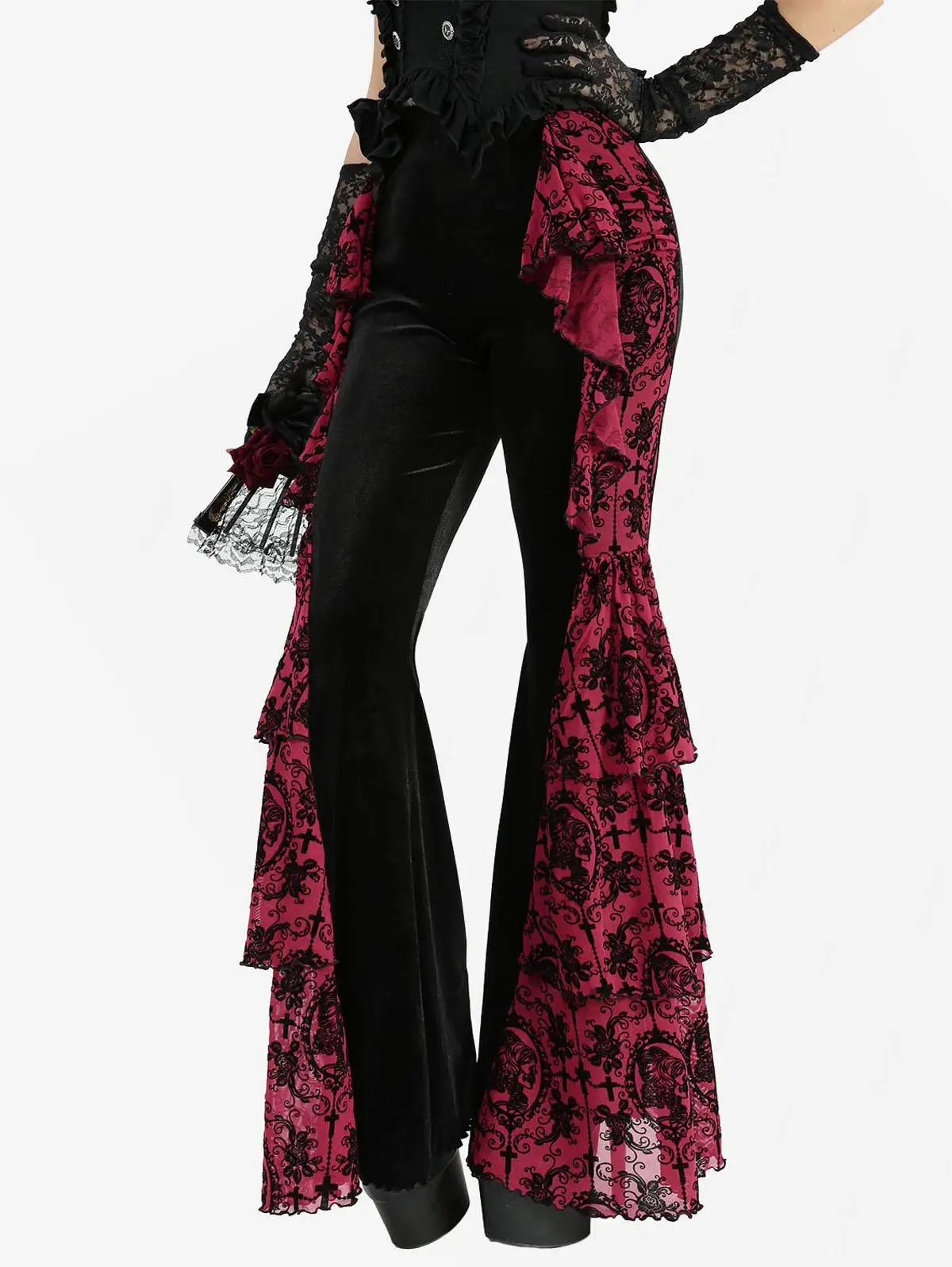 S-3XL القوطية النساء مضيئة السراويل زهرة الصليب يتدفقون الكشكشة المرقعة المخملية قيعان 2026 جديد كامل بنطلون