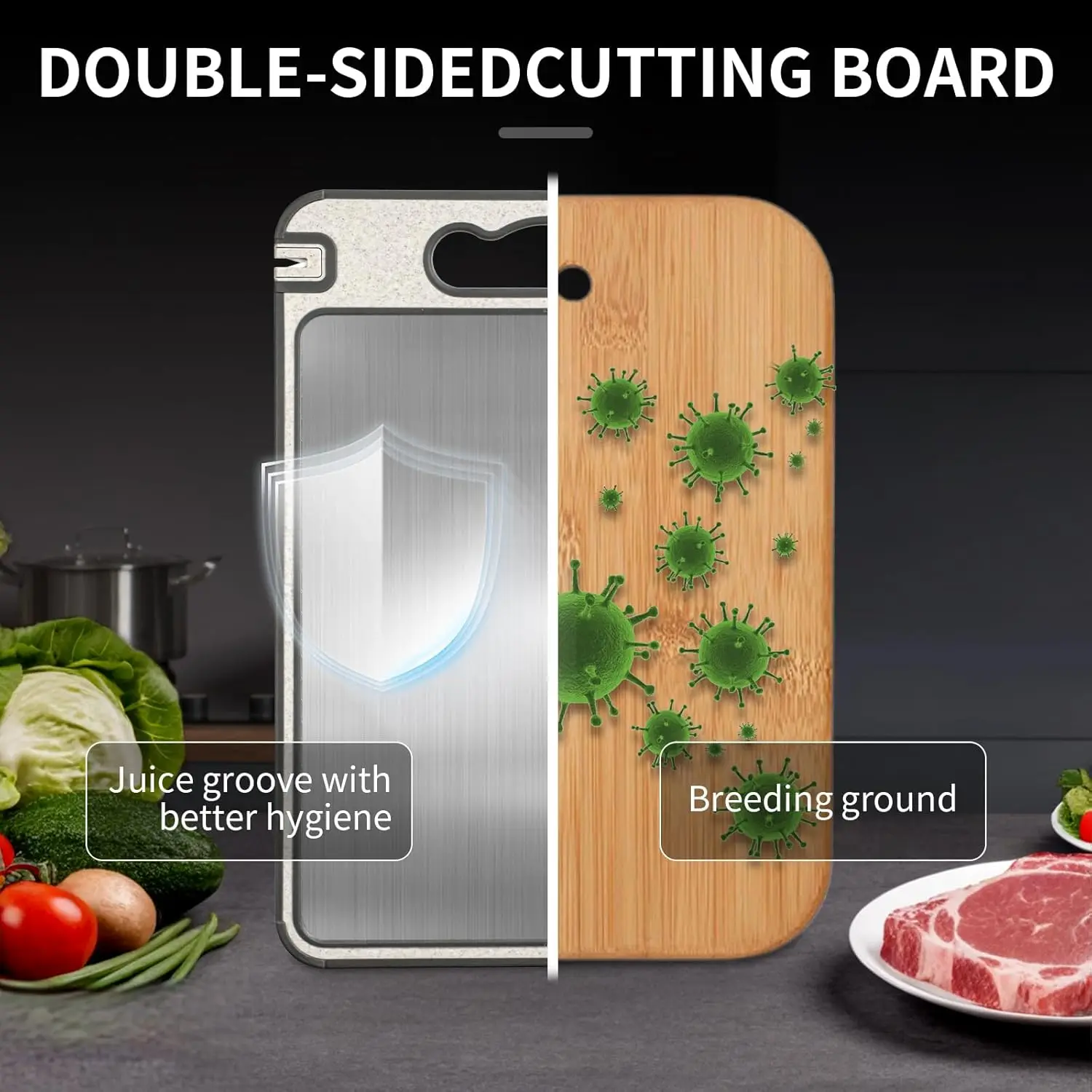 Double-Sided Titanium & Wheat Straw Cutting Board, Non-Slip Kitchen Chopping Board 14.37x9.84in Dishwasher Safe 3