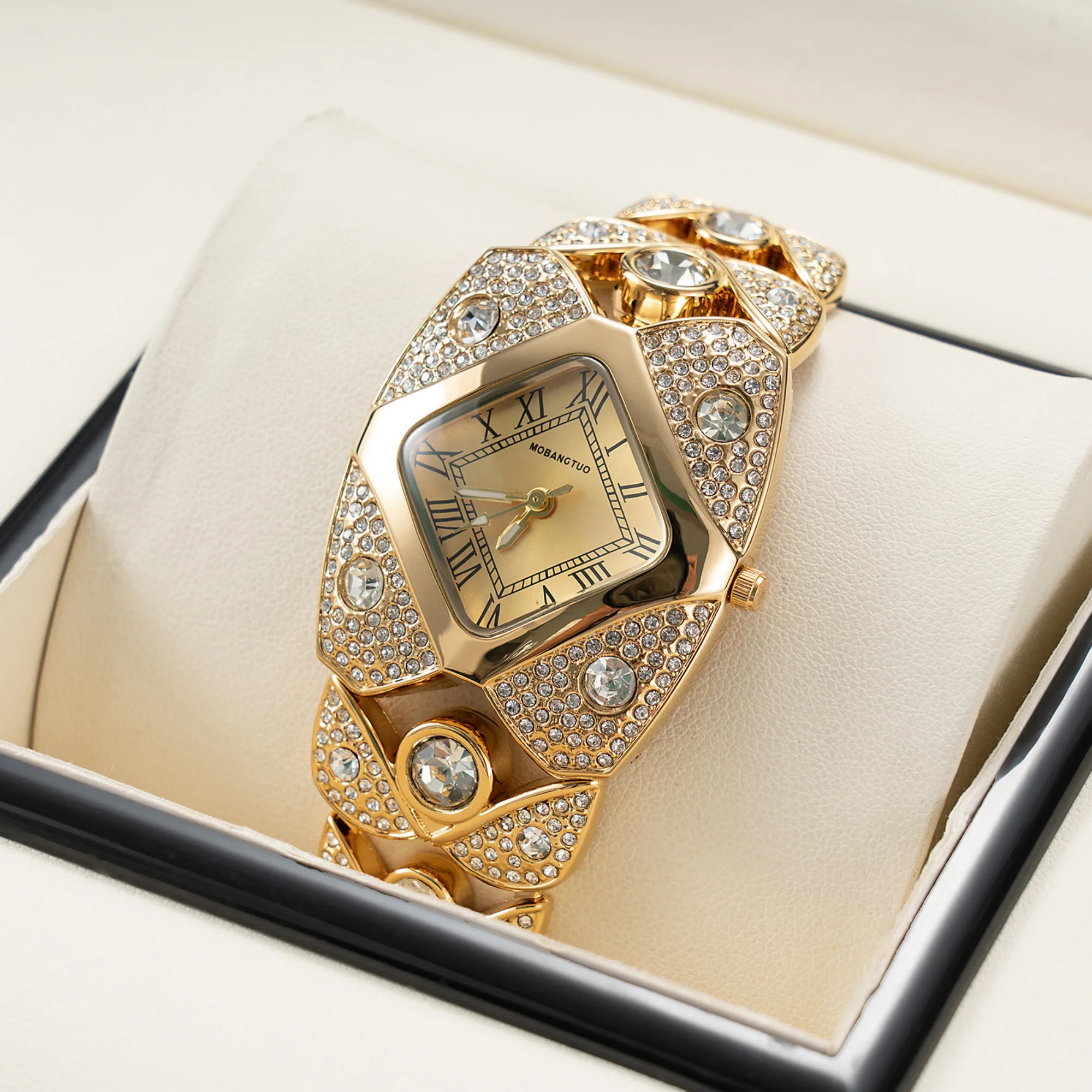 MOBANCTUO Women Quartz Watch Full Rhinestone Inlaid Band Roman Dial Wristwatch Elegant Sparkling Gift For Ladies Girls Party