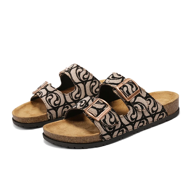 

Adjustable Paisley Print Cork Footbed Sandals Two-Strap Slip-On Slides with Arch Support Comfort Casual Summer Beach Slippers