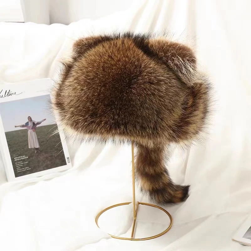 Luxury Real Raccoon Fur Hats Lady Warm Outdoor Winter Knitted Cute Fox Fur Raccoon  Bomber Caps Snow Earflap Hats Women