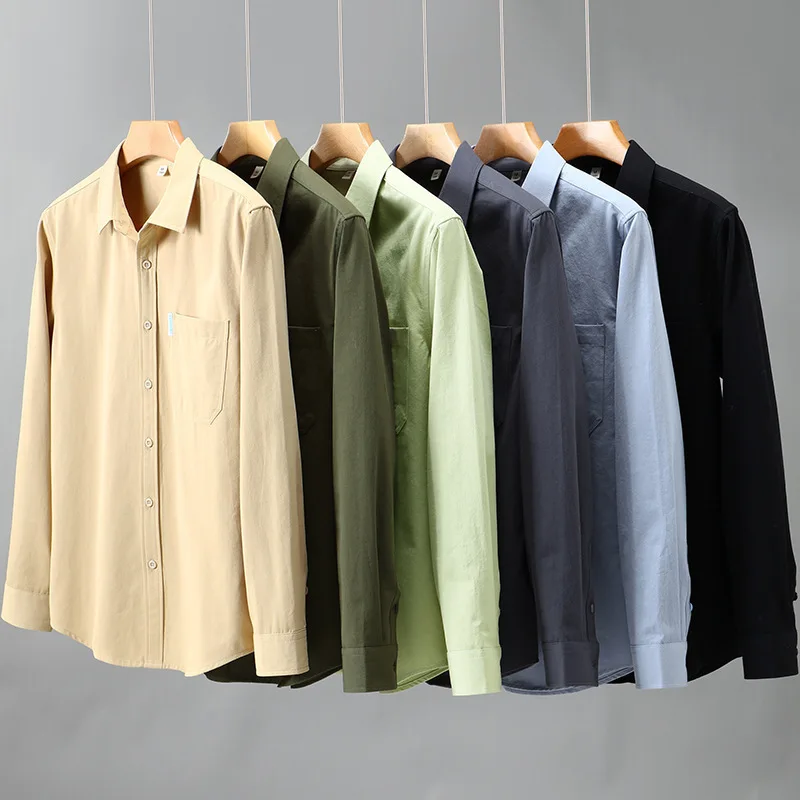 100% cotton long sleeve solid color shirt for men minimalist work wear Spring versatile loose fitting quality tops for cityboy