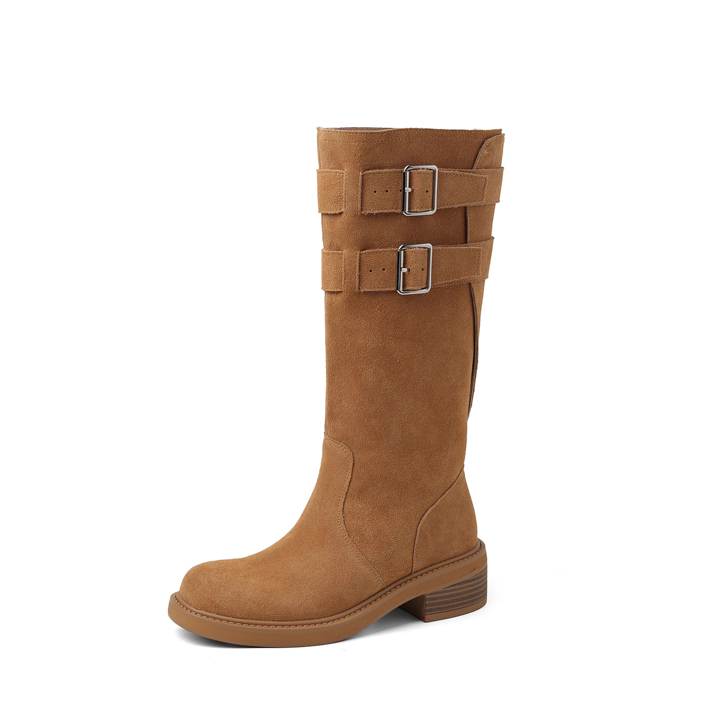 Western-Cowboy-Booties aus echtem Leder, Retro-Kniestiefel, Block-Damenstiefel mit Gürtelschnalle, Ritterstiefel, moderne Stiefel, hohe Stiefel
