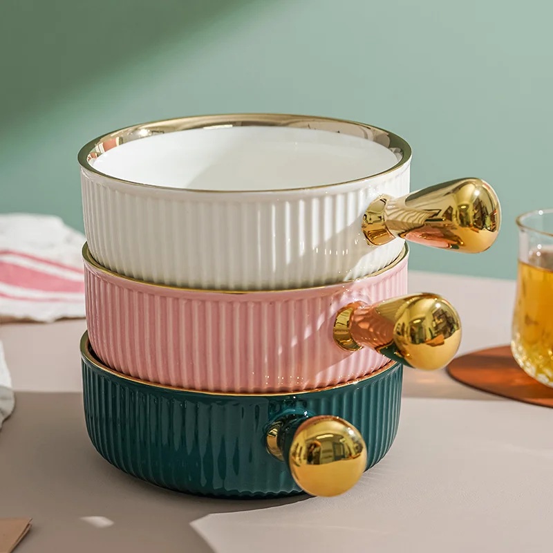 Ceramic Gold Edge Handle Bowl Nordic Green Creative Fruit Salad Bowl Porcelain Tableware Kitchen Dessert Bread Breakfast Plate