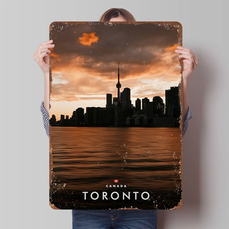Toronto Skyline At Sunset Printing Poster Customized Retro Wall Art Vintage Metal Signs for Mancave Bedroom Decorations House