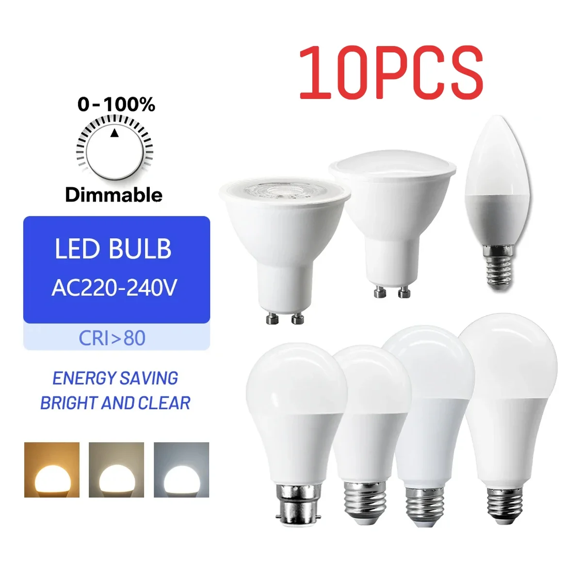 10Pack Multi-Base Dimmable LED Spotlights GU10 E27 B22 E14 220V 3000K 4000K Replace 50W Halogen Lamp Home Directional Lighting