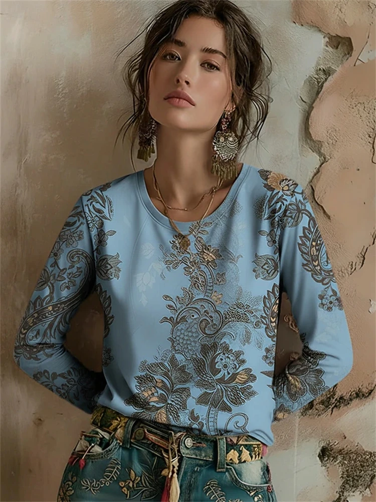 New Women's Sophisticated Autumn Top Vintage Floral Print Crew Neck, Long Sleeve Ideal for Work and Professional Settings