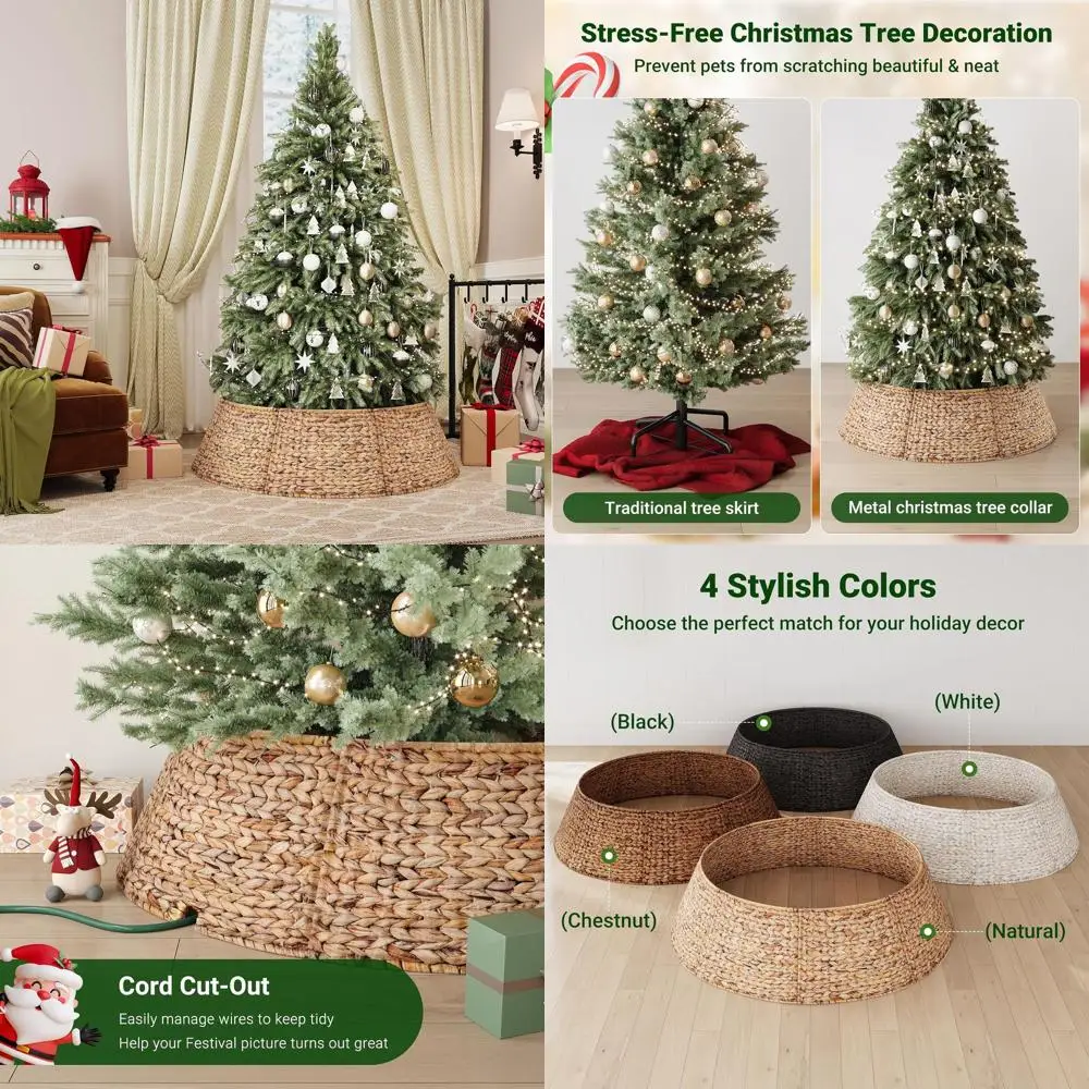 

42 Woven Rattan Christmas Tree Skirt, 5-Piece Hyacinth Style Wicker Base Cover, Natural for Home & Living Room Decor