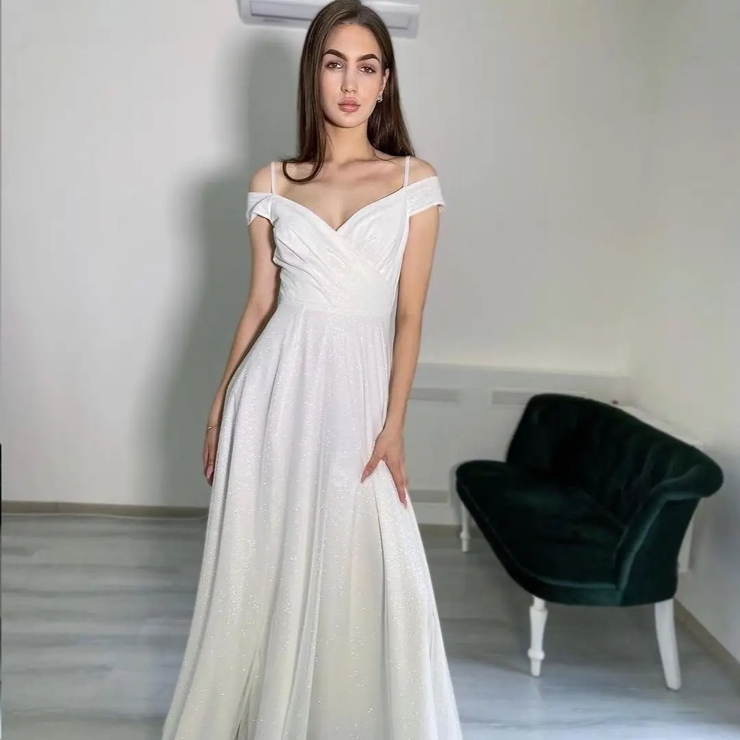 

Simple Satin Wedding Dress Side Slit A-Line Off The Shoulder Short Sleeves Floor Length For Women Bridal Gowns Customize To Meas