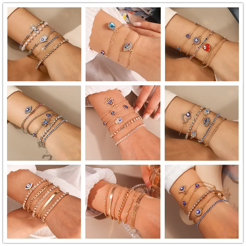Aihua Bohemian Crystal Turkish Lucky Blue Eye Bracelet Bangle For Women Gold Color Chain Bracelet Set Vintage Boho Jewelry Gifts
