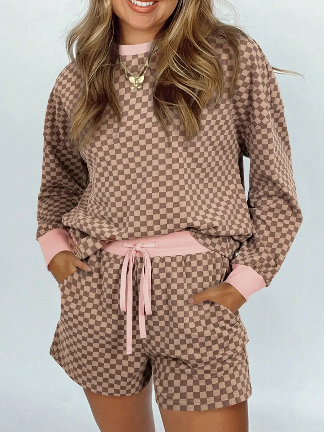 

Brown Checkered Long Sleeve Top and Shorts Casual Matching Set for Spring Autumn