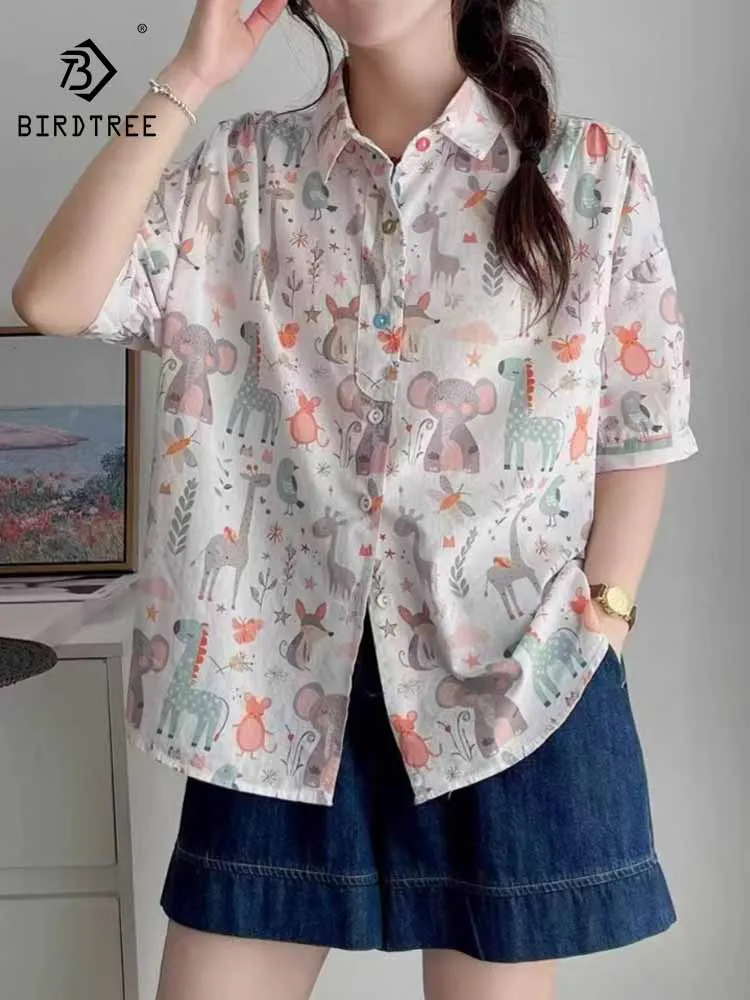 

New 2025 Summer Cotton Short Sleeve Shirt, Women Turn-down Collar Cute Print, Mori Girl OL Age Reduction Loose Blouse T57621CC