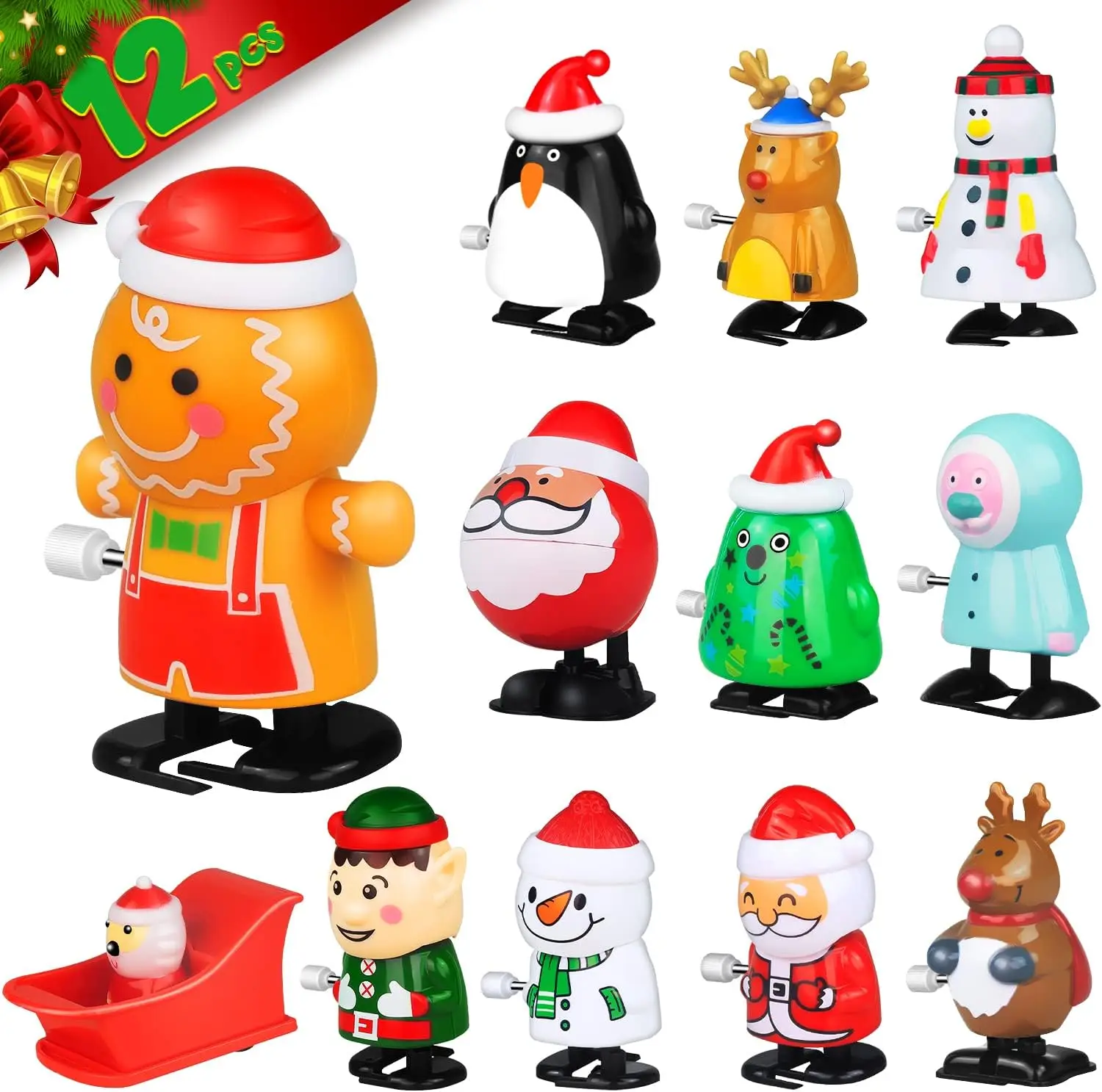 12 Stuks Kerst Opwindspeelgoed Set, Kerst Assortiment Kous Stuffers Feestartikelen Goodie Bag Met Kerstman Kerstboom Herten