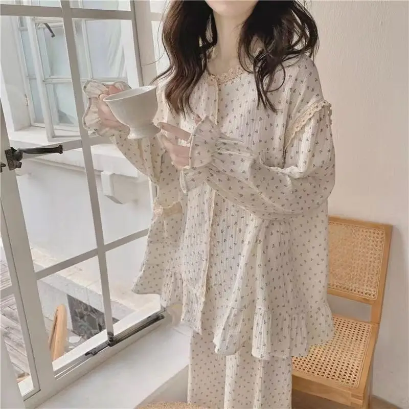 Floral Sleepwear Women Pajama Sets Autumn Korean Pants Sets 2 Pieces Ruffle Piiama Night Wears Long Sleeve Casual Lace Home Suit