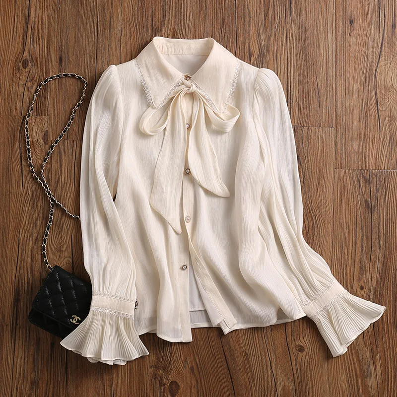 Sweet Trumpet Sleeved Top Blouse Women Tie Up Bow Chiffon Shirt Camisas De Mujer 2024 Shirts for  Blusas Elegantes