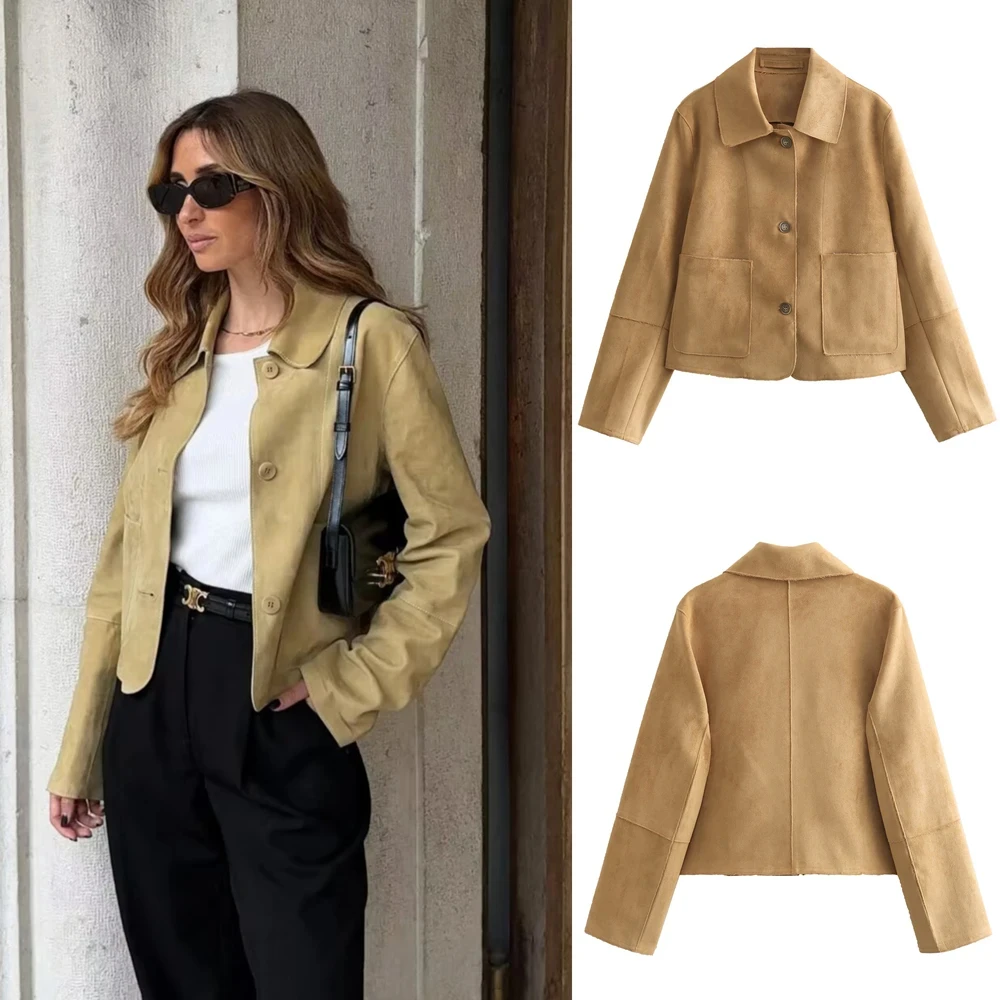 

PB&ZA Women's 2024 Summer New Casual Commuting Versatile Lapel Double Pocket Decorated Suede Jacket 3322/040