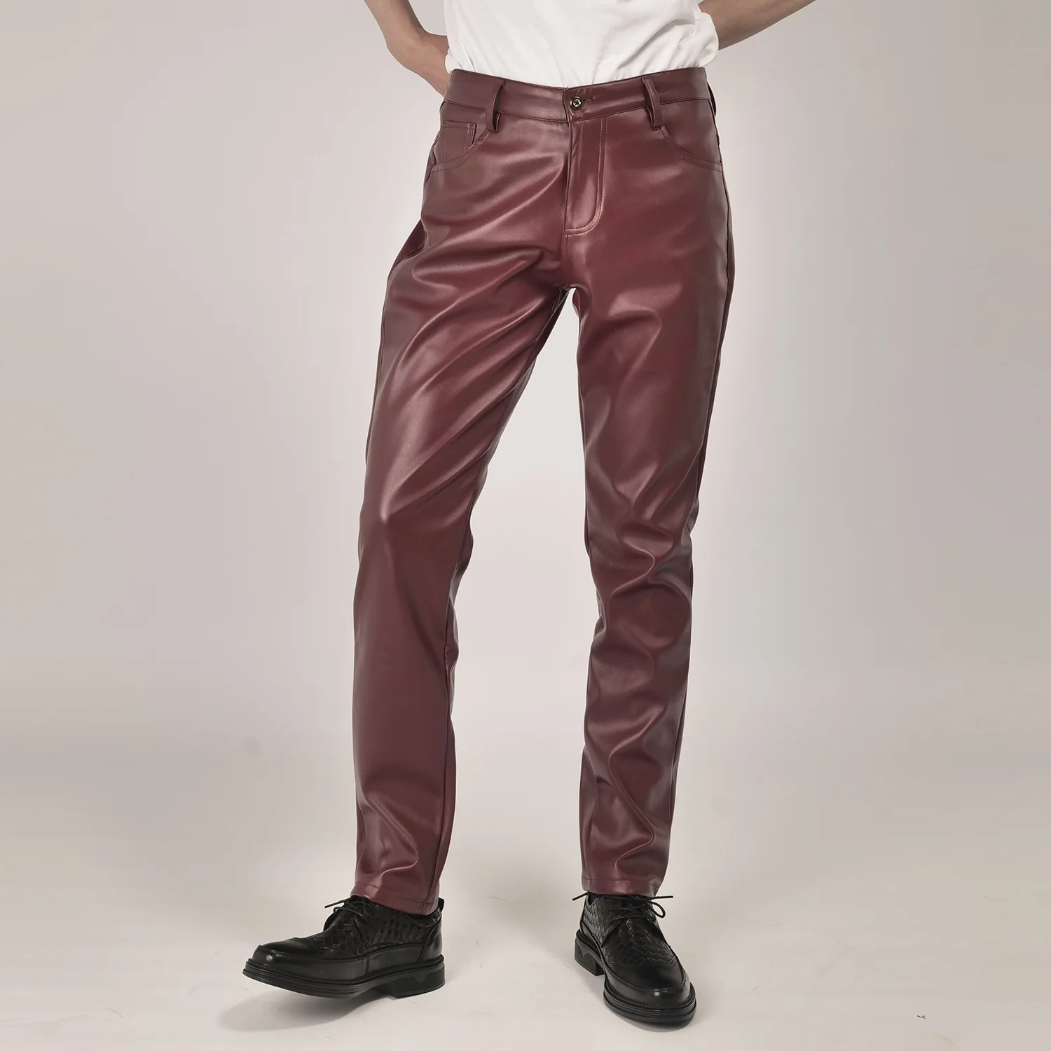 New Fall Collection: Men's Purple PU Pants—Fitted Faux Leather Motorcycle Trousers Available in Black,Blue,Green,Red,Gray,Khaki.