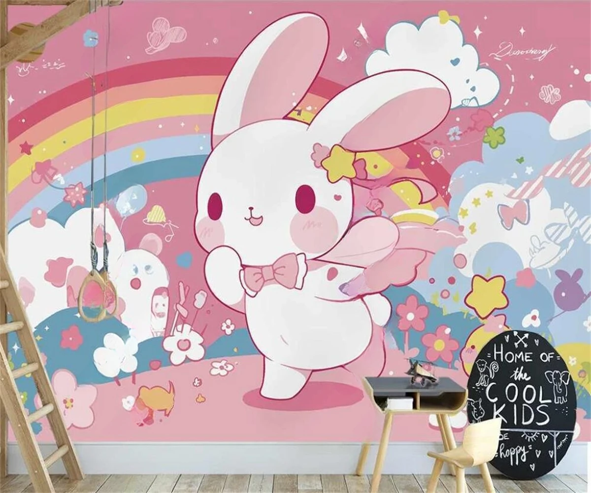 

Custom size wallpaper for princess room pink rainbow rabbit elephant giraffe cat children's room background walls 3d wallpaper