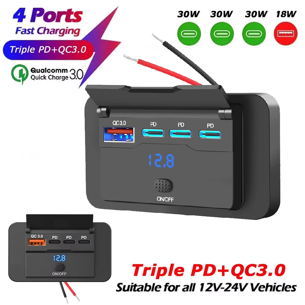 108W 4-Port 12V RV USB-Steckdose mit 90W PD und QC 3.0 18W Port Autoladegerät Zubehör mit Schalter und Spannungsanzeige für Auto, Bus, Wohnmobil