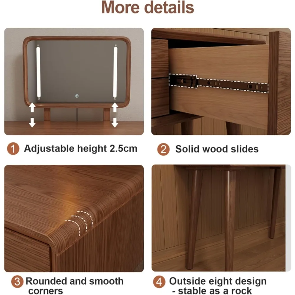 طاولة مكياج خشبية طبيعية مع مرآة مضاءة، طاولة تزيين خشبية صلبة مع 3 أوضاع إضاءة سطوع قابل للتعديل
