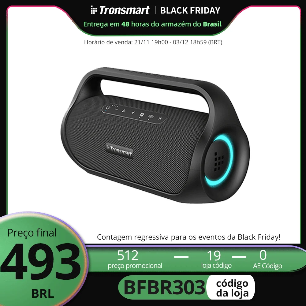 Tronsmart Bang Mini Speaker 50W Alto-falante portátil para festa com Bluetooth 5.3, som estéreo, conexão NFC, Powerbank integrado