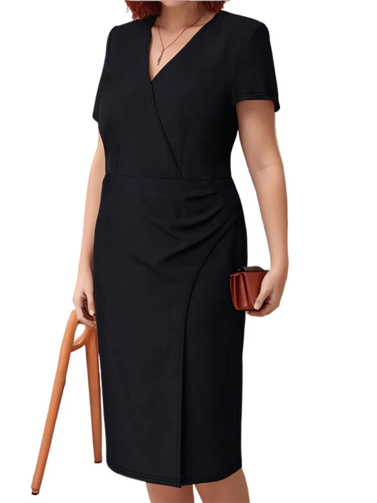 

Elegant Solid Dress For Women Fashion Short Sleeve V Neck Pullover Dresses Lady Casual Office Skirts Womens Clothing Summer New