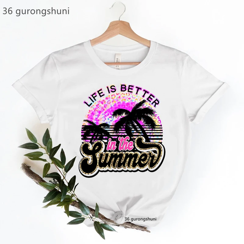 

2022 Summer Life Is Better In The Graphic Print T Shirts Women Lgbt Leopard Coconut Tree Tshirt Femme Harajuku Shirt Streetwear