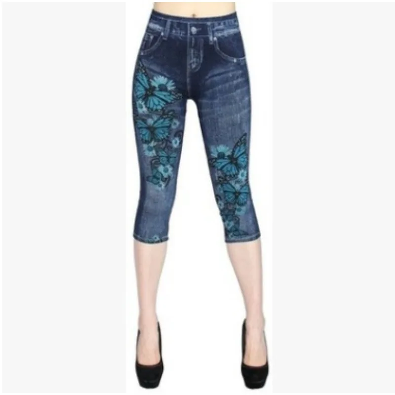 Women Print Imitation Denim Leggings Skinny Stretchy Cropped Pants Outdoor Jogging Walking Fashion High Waist Leggings