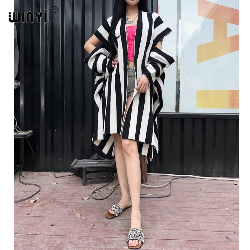 WINYI Africa women Knitting stripe elegant coat Catwalk Capes Autumn Female Fashion kimono Cloak winter clothes women cardigan