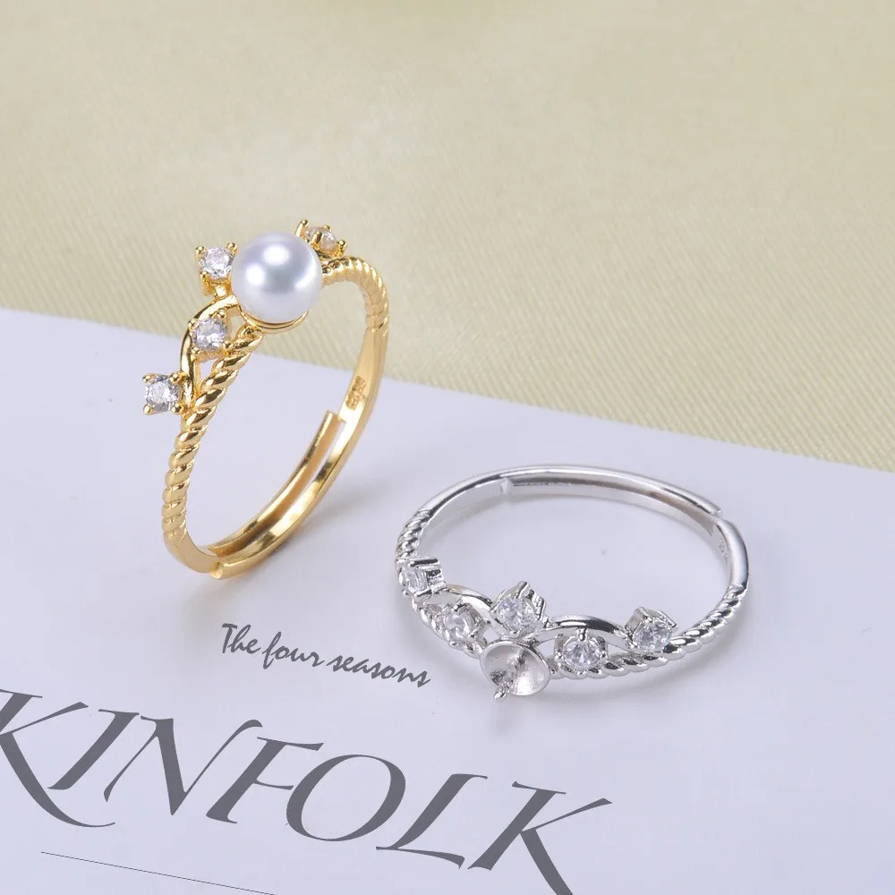 Aksesoris cincin mutiara DIY S925 cincin mutiara perak murni pegangan kosong pemegang cincin mahkota kecil cocok untuk 4-6mm manik-manik datar bulat Z043