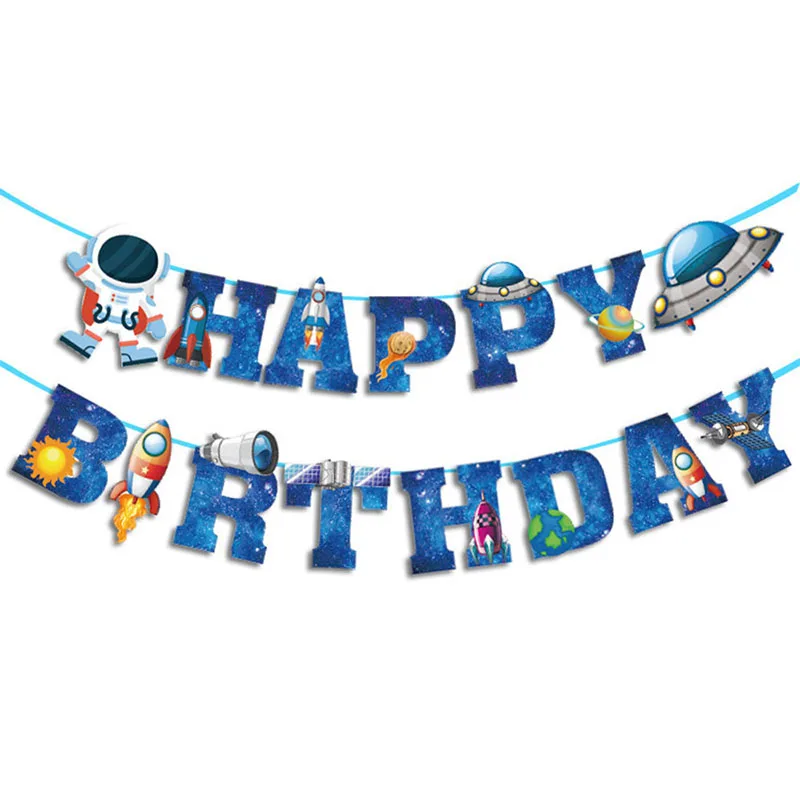 Birthday Astronaut Space Rocket Theme Baby Boys Party Wall Hanging Flags Banners for Family Home Holiday Festival Decoration