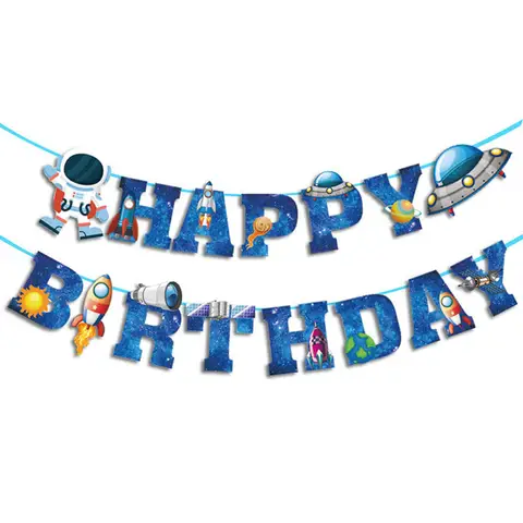 Birthday Astronaut Space Rocket Theme Baby Boys Party Wall Hanging Flags Banners for Family Home Holiday Festival Decoration