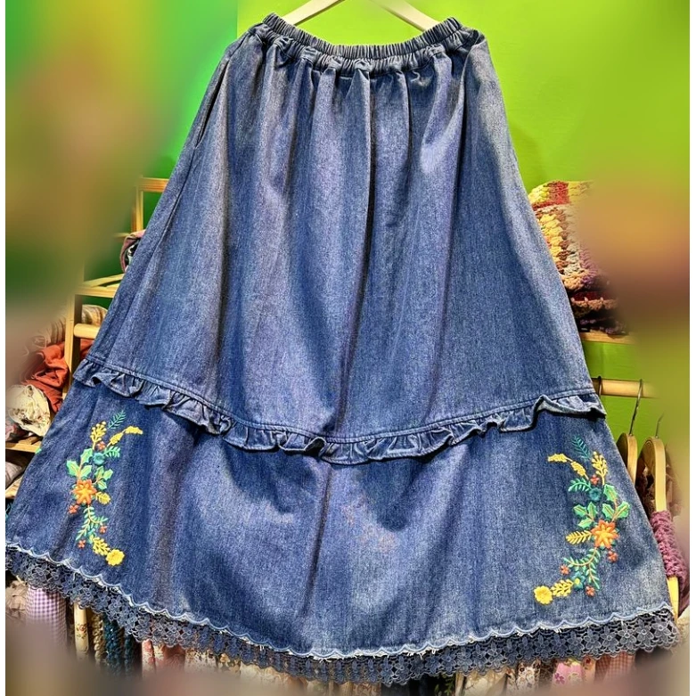 

Female Denim Vintage Floral Embroidery Lace Midi Skirt 2025 Retro Chic Mori Girl Edwardian Cottagecore Sweet Ruffled Long Skirt