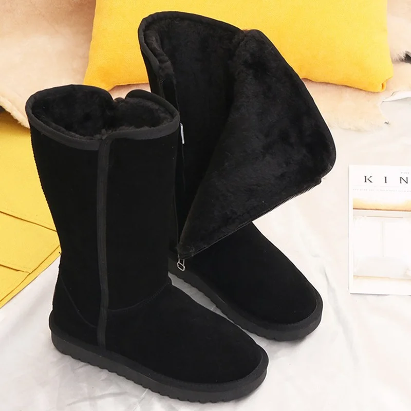 Bottes de neige en cuir véritable pour femmes et filles, imperméables, chaudes, fourrure australienne, plus velours, hauteur genou, hiver, dames classiques, 2023