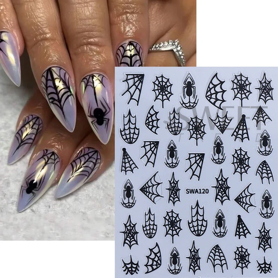 5 Stück Halloween Spinnennetz Nail Art Aufkleber holographisch Schwarz Gold Silber Spinne selbstklebende Nagelaufkleber DIY Maniküre Dekoration