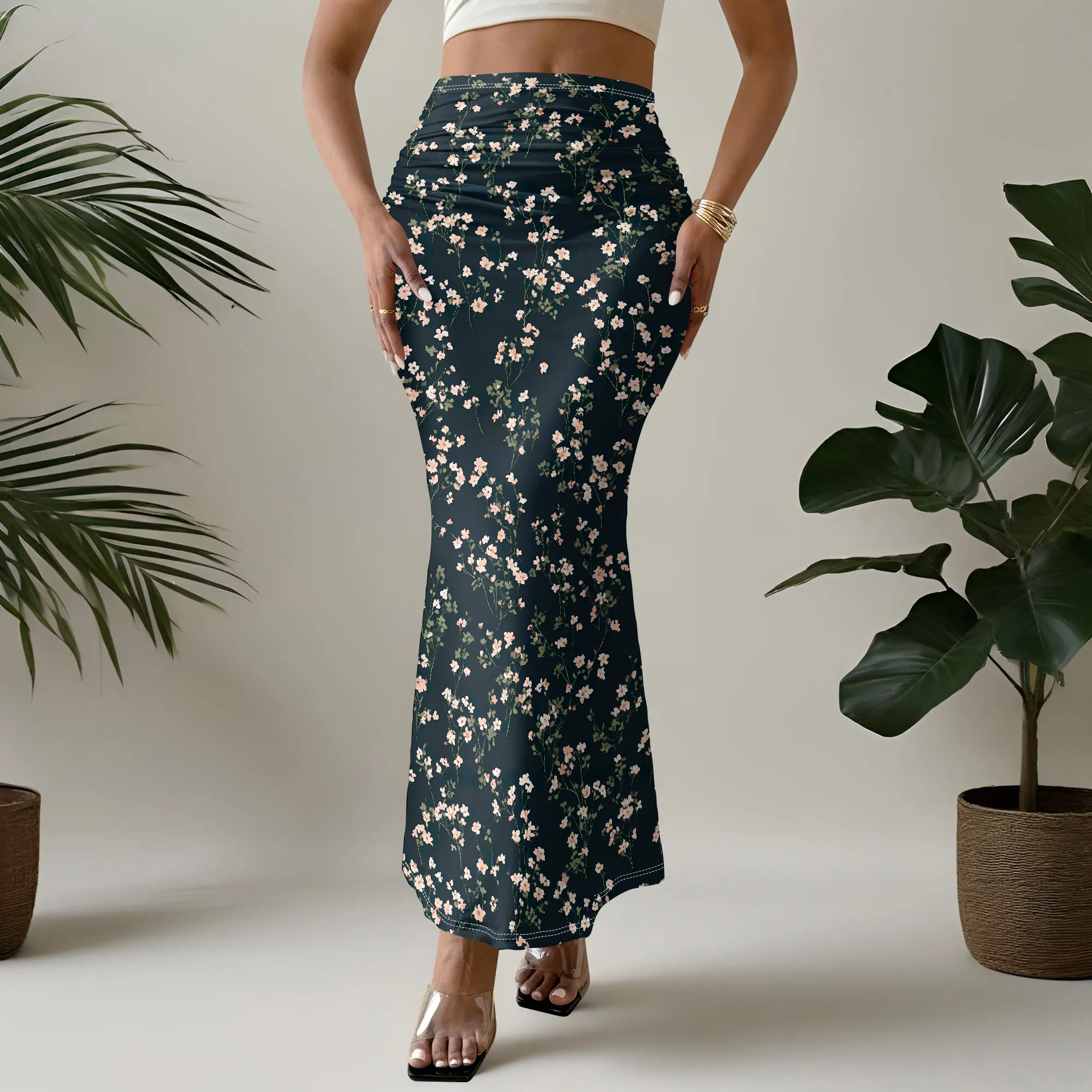 Floral Mermaid Skirt, High Waist Ruched Bodycon, Elegant Party Maxi, Women's Clubwear, S-2XL