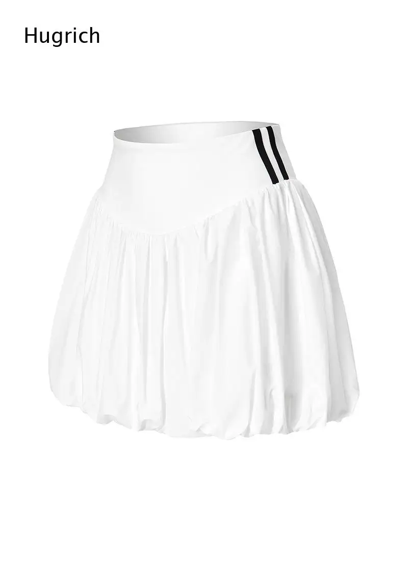 Solid Pink High Waist Pleated Mini Skirt Side Double Black Stripe Detail Bubble Hem Loose Athletic Tennis Skirt For Women