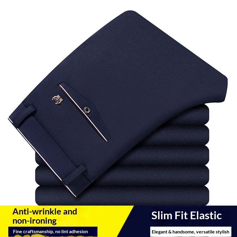 Men's Summer Formal Pants Thin Straight Stretch Casual Suit Pants with No Trace No Ironing Fabric Silky Cool Feeling Trousers