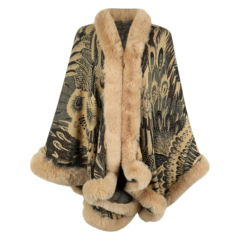 2023 New In Peacock Print Knitted Poncho Women Fur Collar Cape Coat Female Luxury Shawl Cardigan Jackets Outerwear