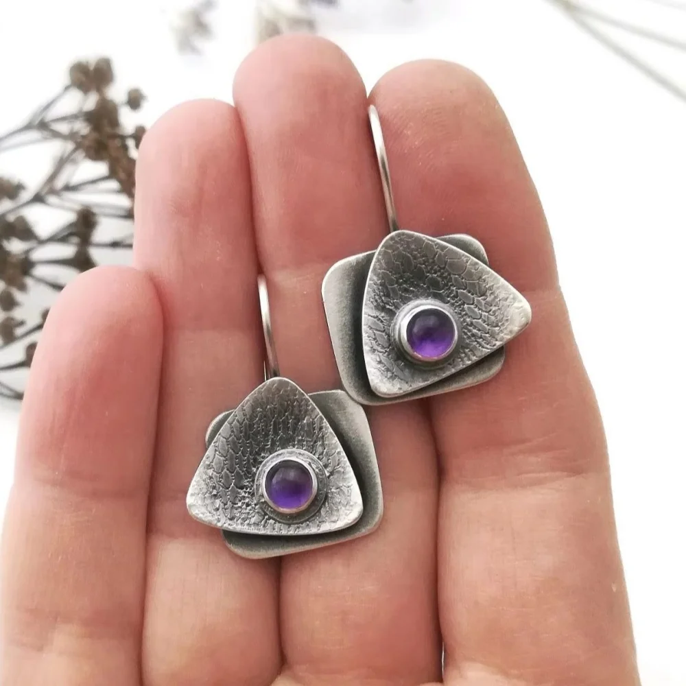 Purple and Red Stone Dangle Earring Creativity Vintage Ethnic Hand Carving Geomegetry Metal Hook Earrings For Womens Jewelry