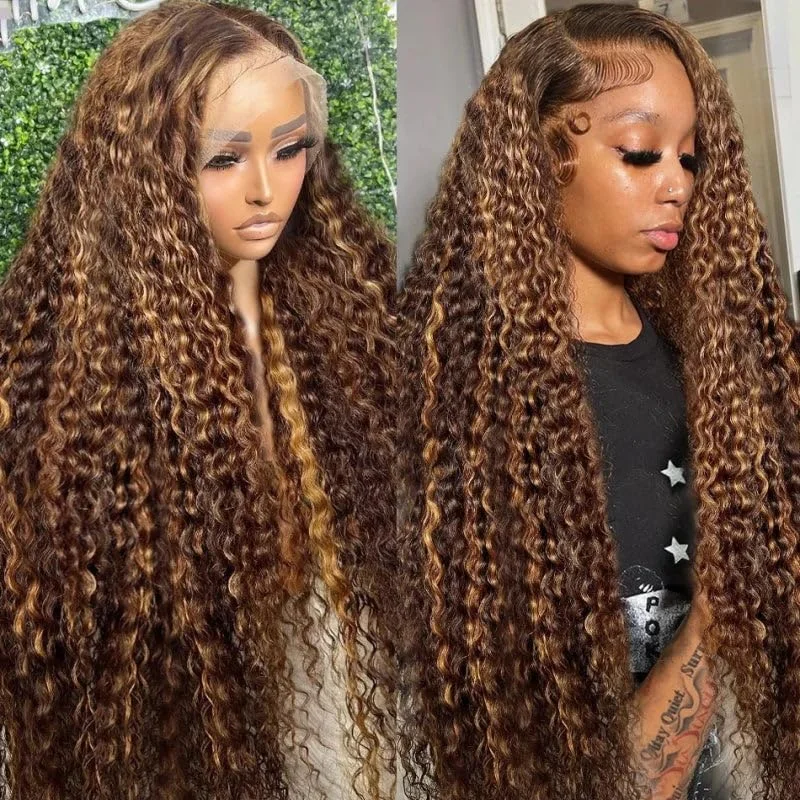 4/27 Colored Ombre Deep Wave Human Hair Wig 28 30 Inches 250 Density 5x5 13x4 HD Lace Frontal Wig For Black Women Soft Pre Plucked