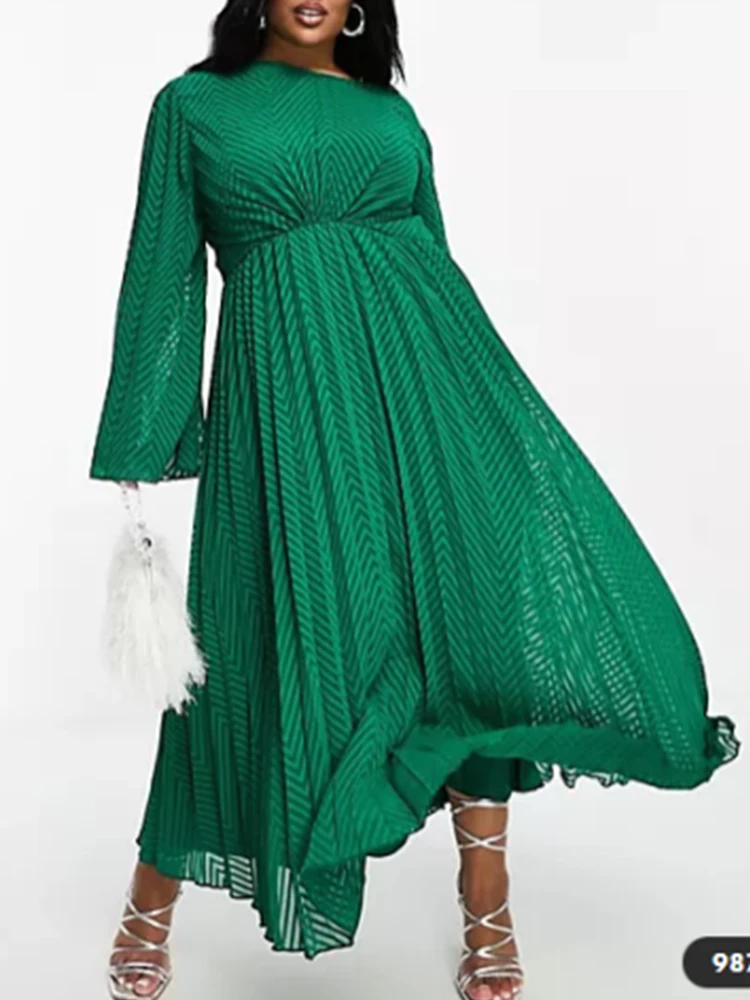 Women Plus Size Dress Ruched Solid Flare Sleeve Elegant Party Club Evening Long Dress Long Sleeve Fashion Casual Pleated Dresses