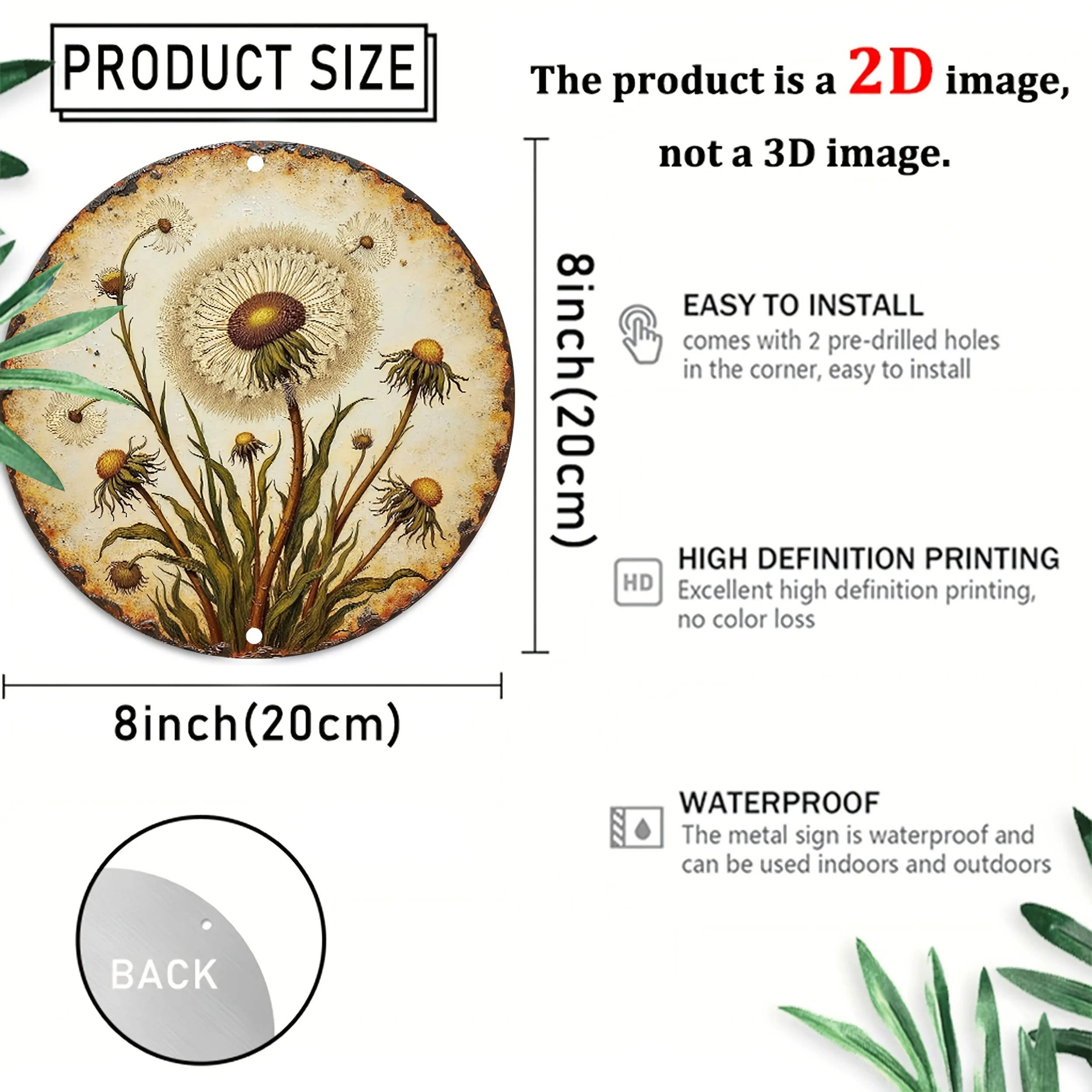 2D Flat, 1pc 2D Flat Dandelion Round 2D Flat Wall Art - 20.32x20.32 cm Country Style American Indoor and Outdoor Decor, for Kitc