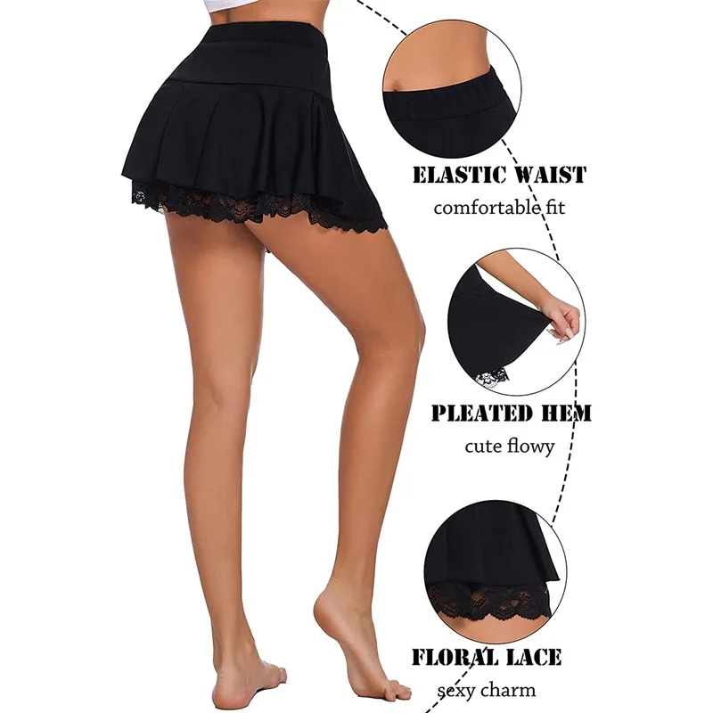 Women s Pleated Mini Skirt A-shaped Flared Outline Lace Ruffles Elastic Waistband Short Skirt