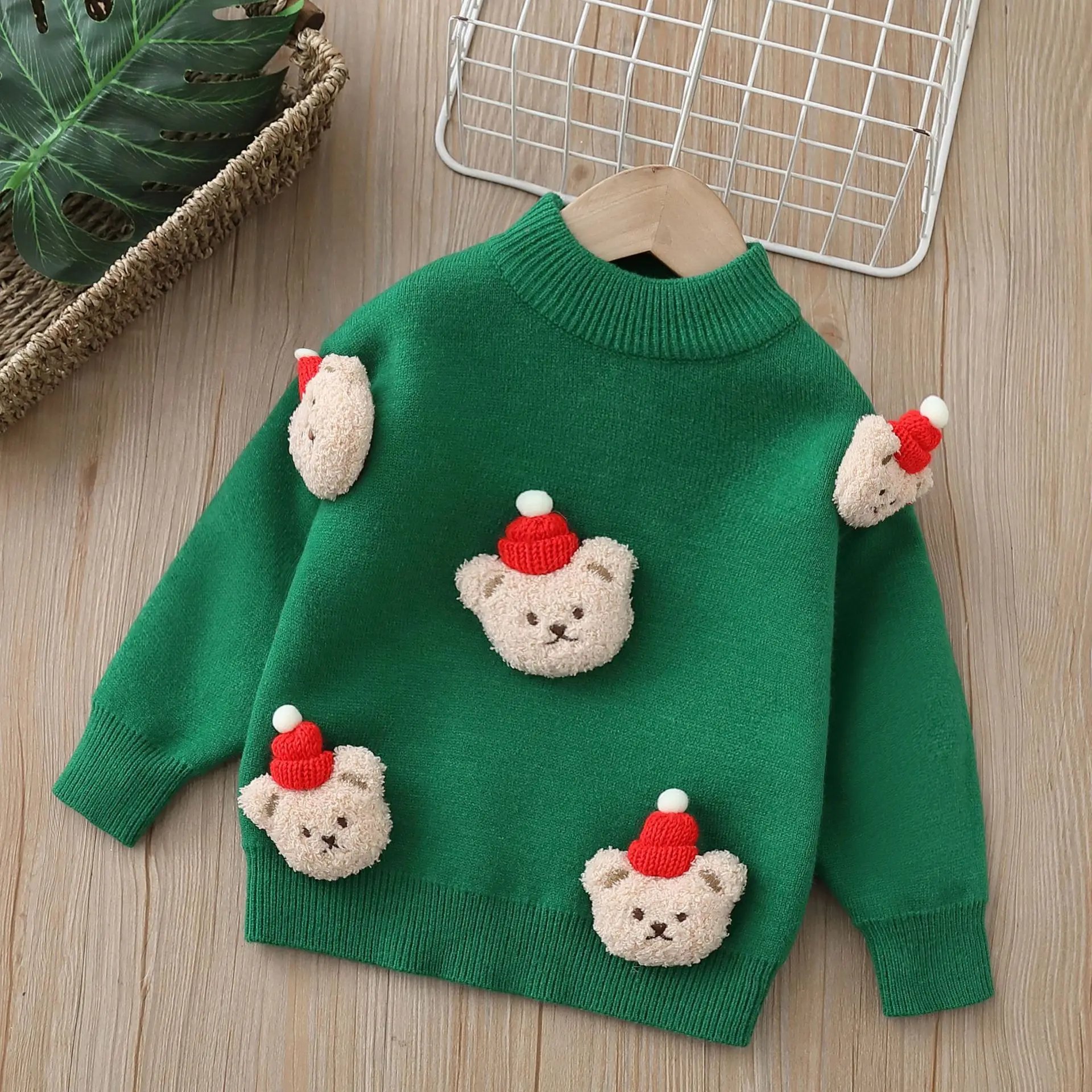 Pull de dessin animé ours tricoté à la main pour enfants, chemise de fond épaissie, vêtements de Noël, garçons et filles, automne et hiver