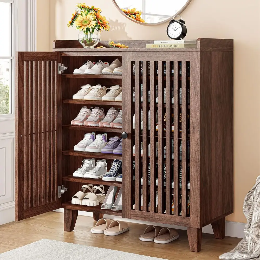 

6-Tier Walnut Shoe Cabinet with Slatted Door and Adjustable Shelves for Entryway, Hallway, and Living Room Storage