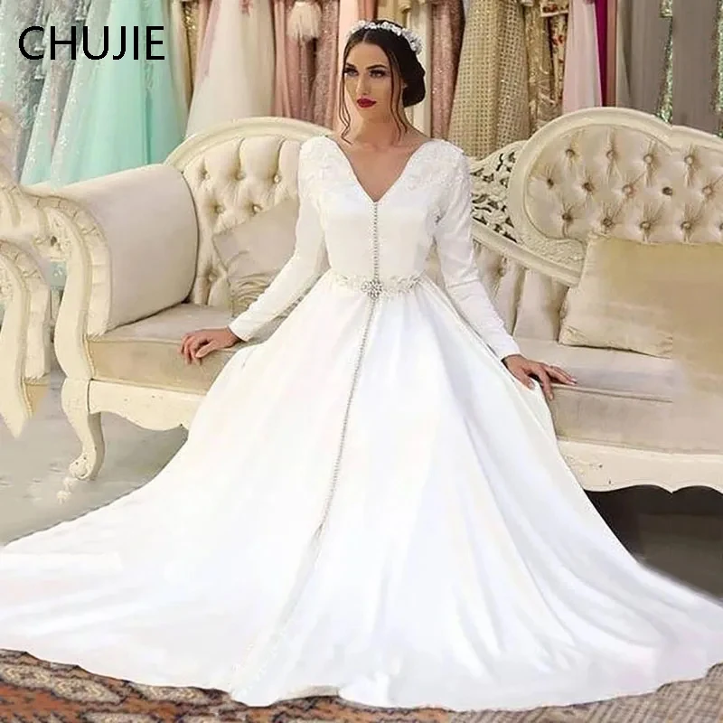 

White Morocca Evening Dress Long Sleeves Sequin Satin Islamic Dubai Saudi Arabic Abaya Woman Formal Evening Gown Prom Dresses