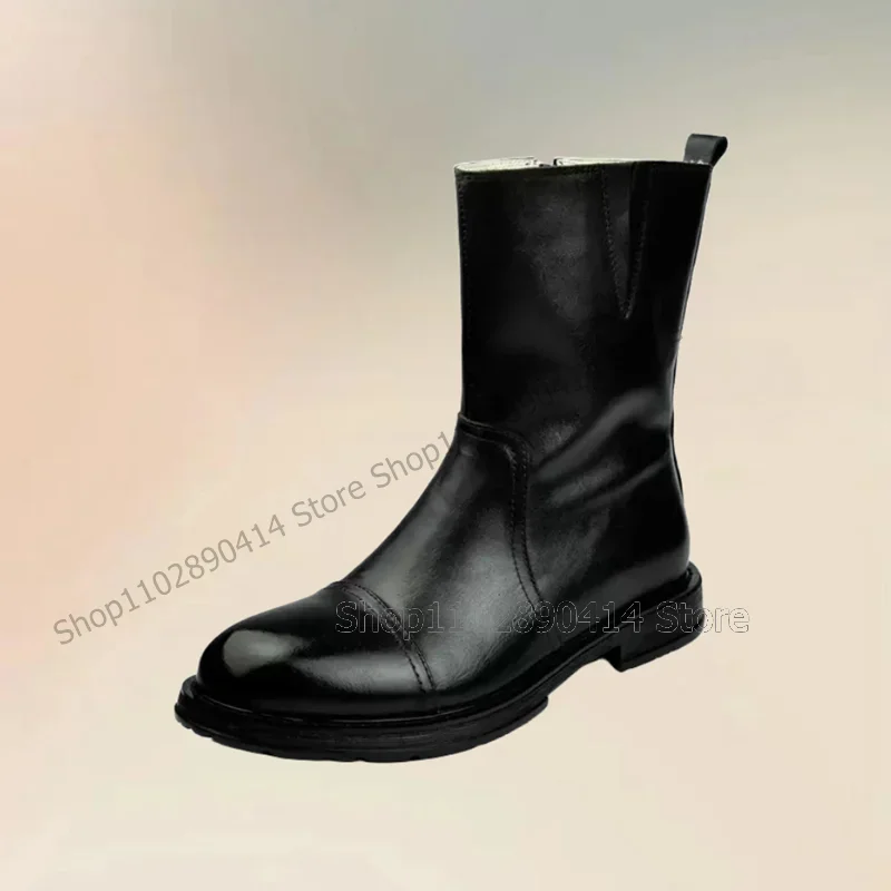 

Black Sewing Design Mid Calf Round Toe Boots Fashion Side Zipper Men Boots Luxury Handmade Party Banquet Office Men Dress Shoes