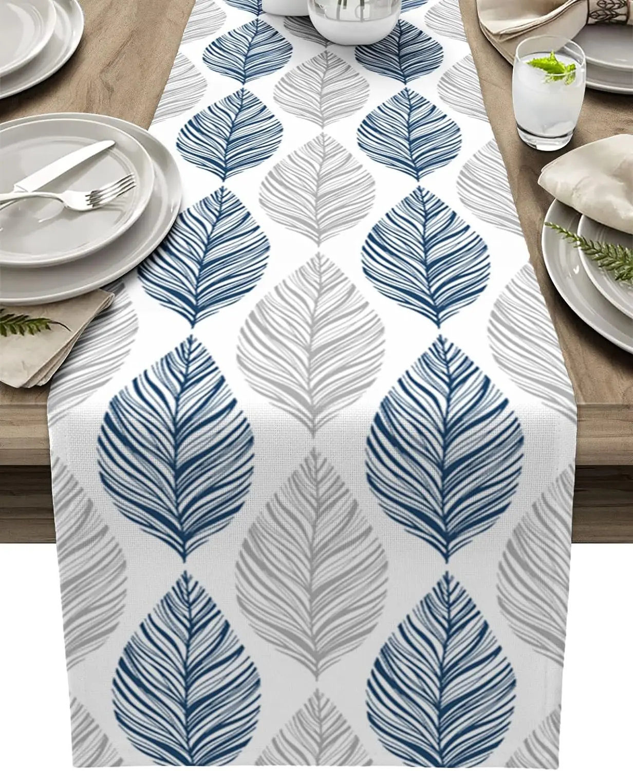 Navy Blue and Grey Leaf Texture Linen Table Runner Gray Abstract Art Leaves Dresser Scarf Table Decor Wedding Dining Party Decor